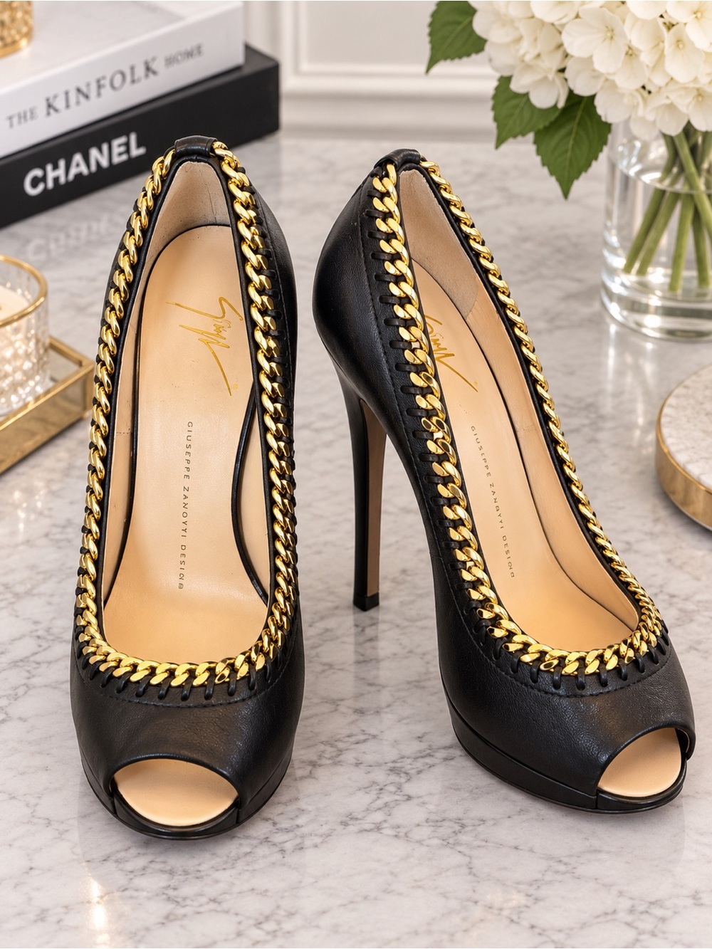 Giuseppe Zanotti Black Leather Peep-Toe Pumps with Gold Chain